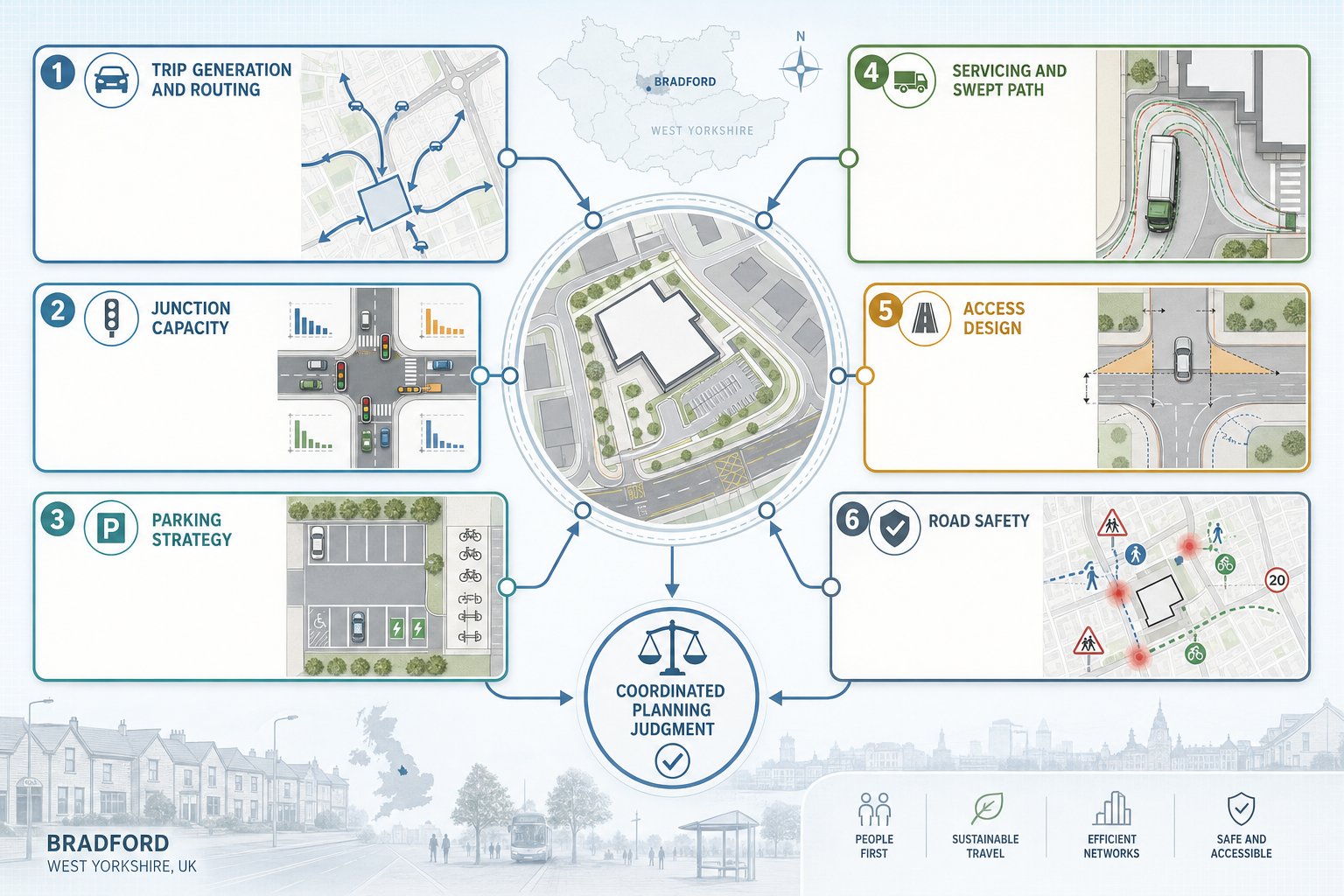 Infographic of key traffic engineering checks for a Bradford development site.