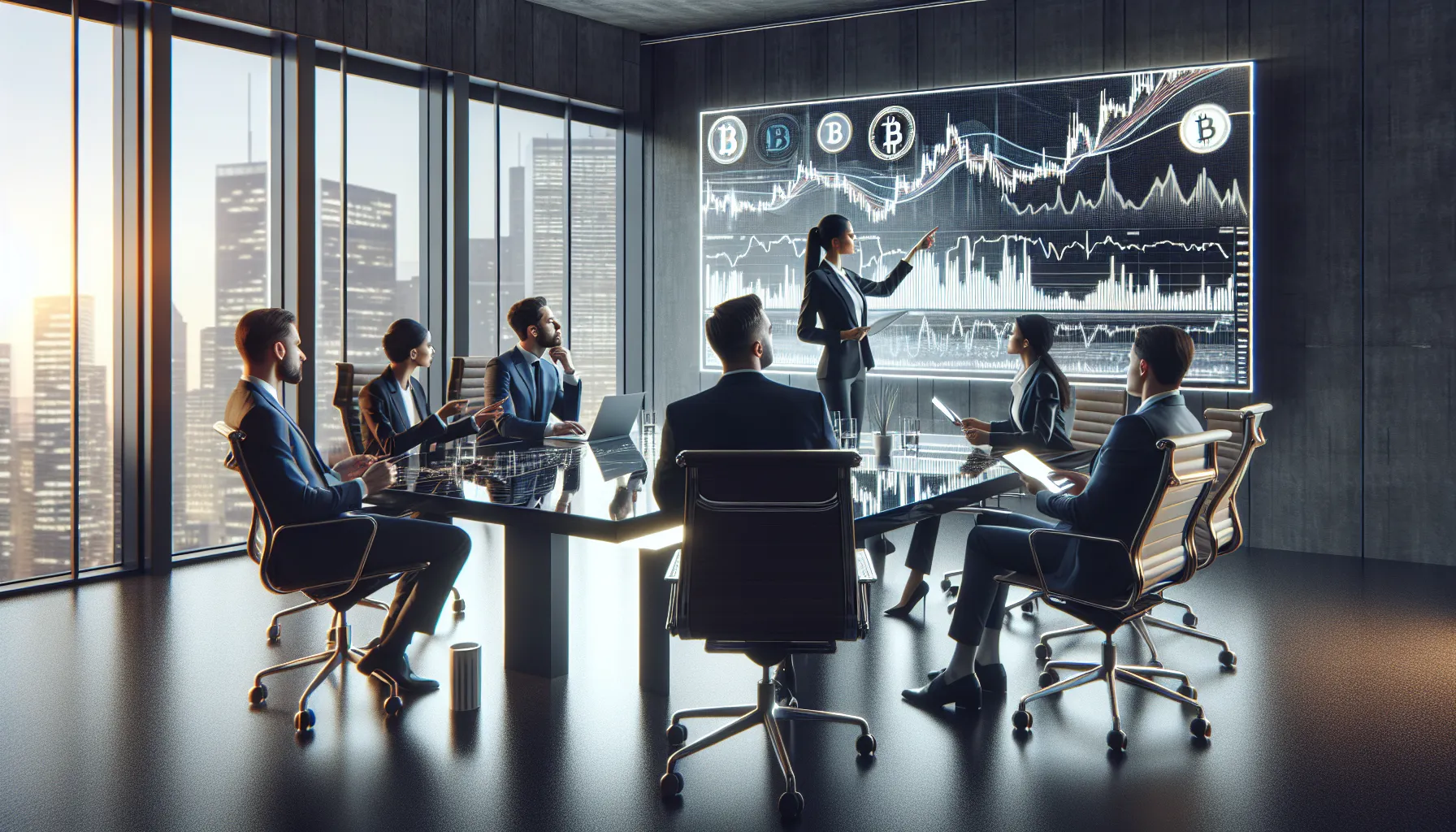 diverse team analyzing cryptocurrency market data in a modern office.