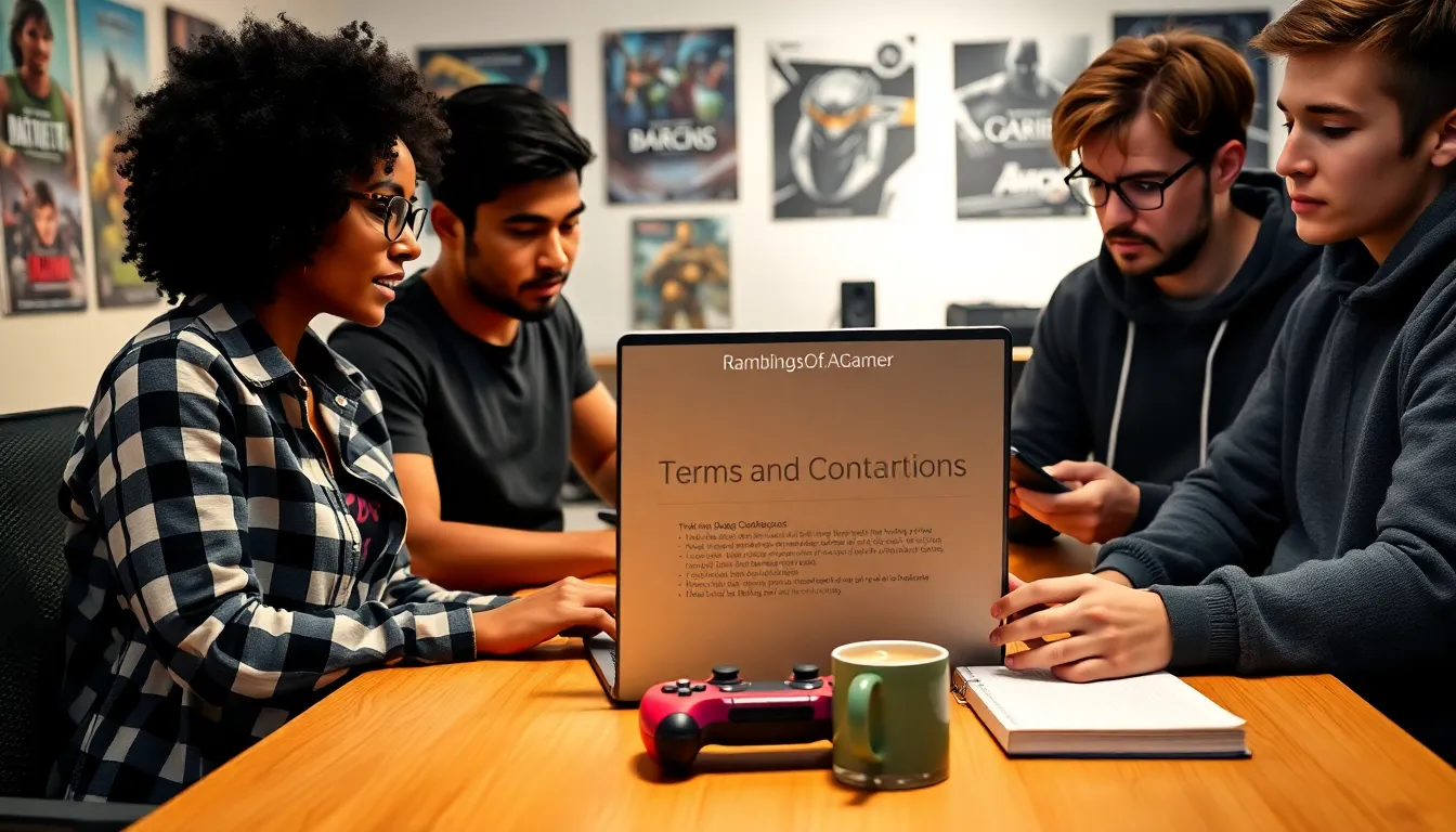 three friends reviewing website terms and conditions on a laptop.