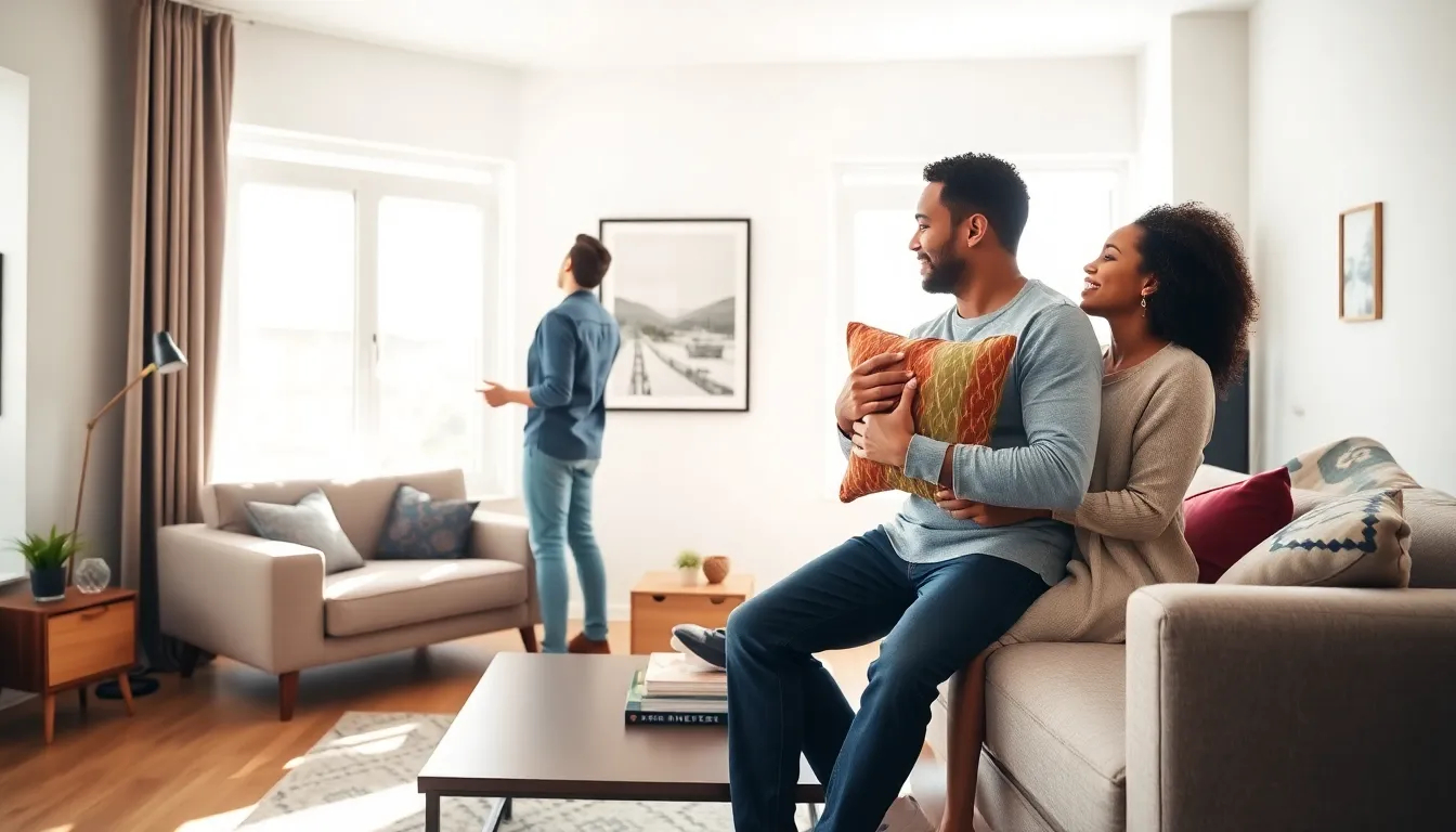 diverse couple decorating their modern home together.