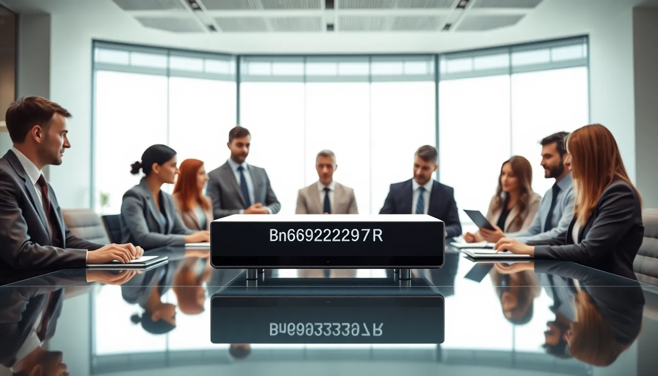 diverse professionals discussing a modern device in a contemporary office.