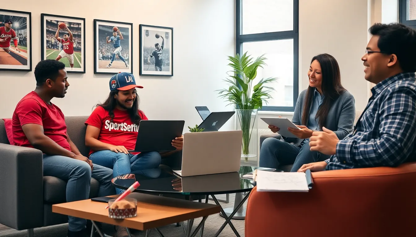 a diverse group discussing sports in a cozy office setting.