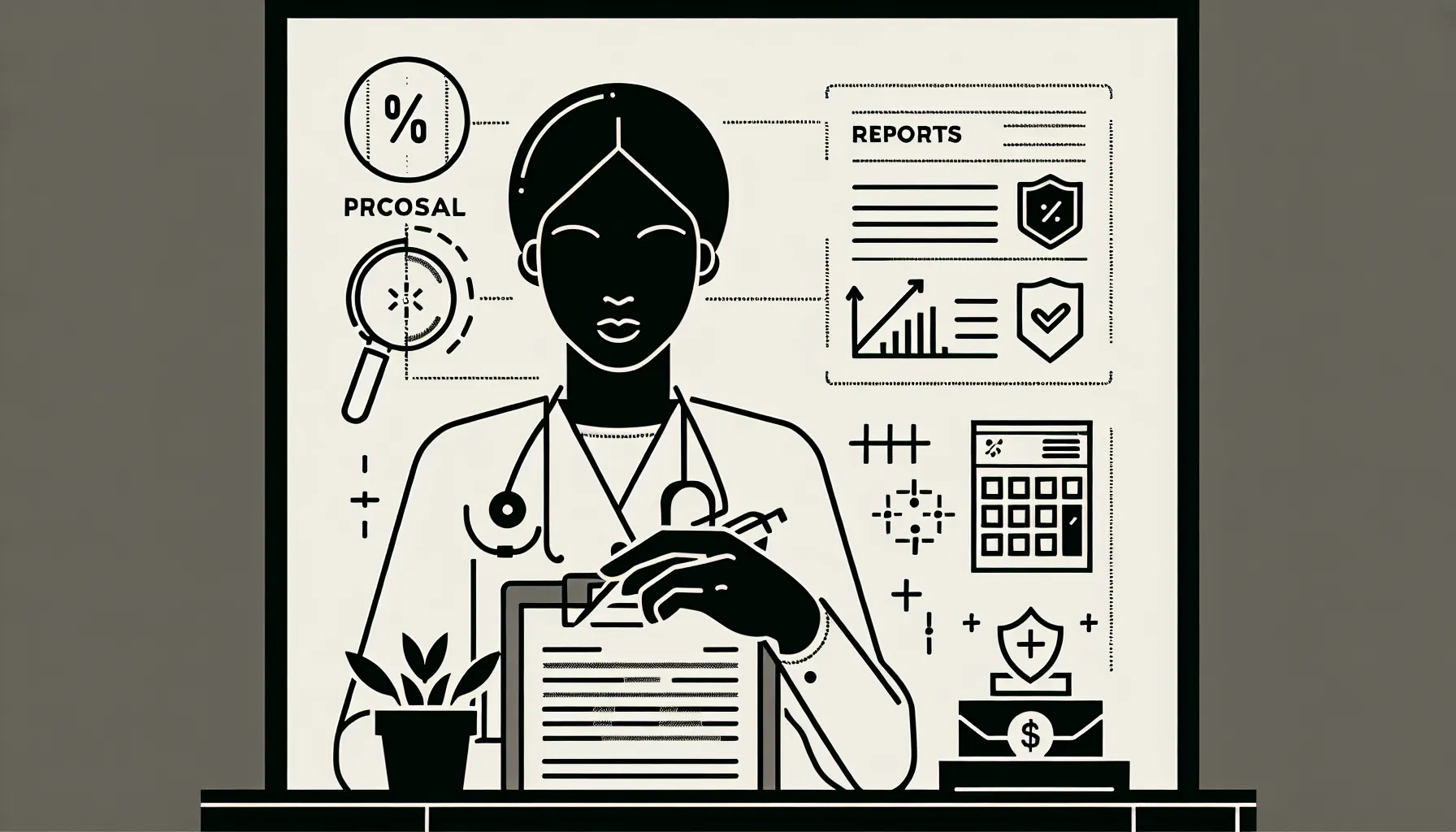 Veterinarian reviewing a contract with compensation icons and a shield for protections.