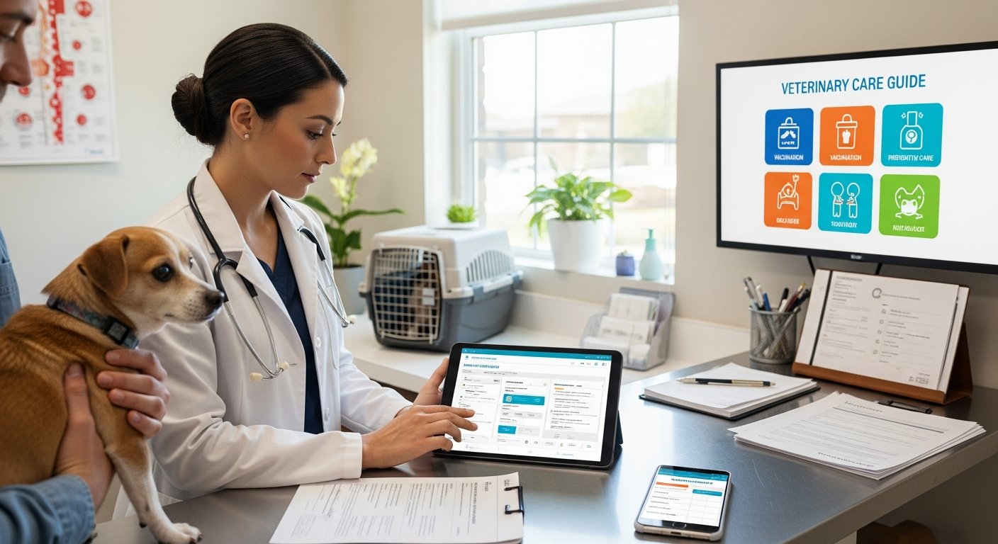Veterinarian and pet owner reviewing a pet care guide in clinic.