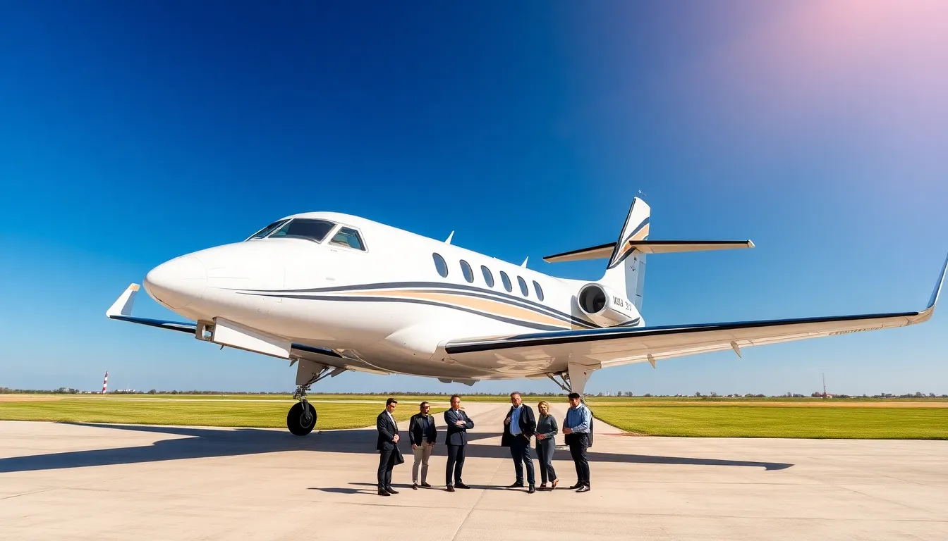 Beechcraft Travel Air aircraft flying over an airfield with professionals discussing aviation.
