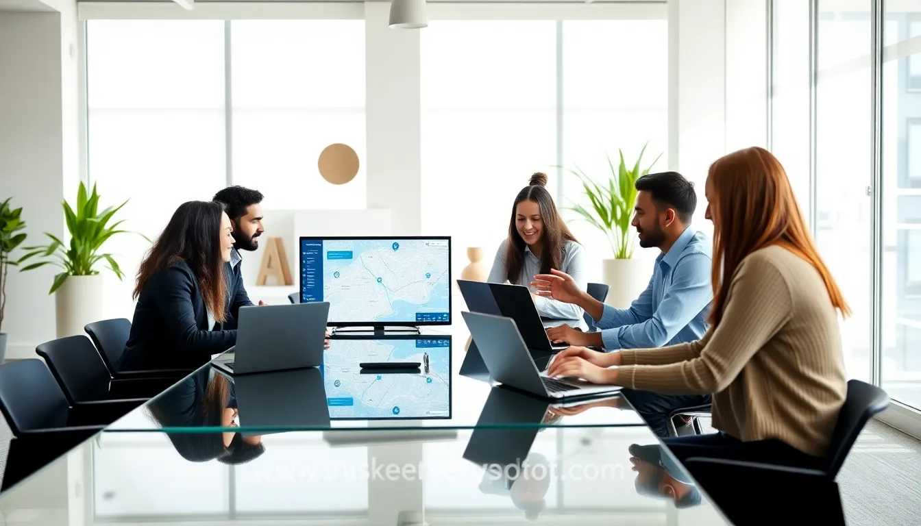 diverse team collaborating around digital local exploration tools.