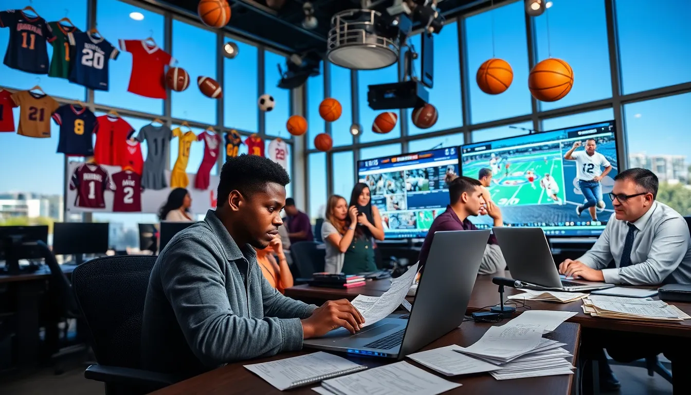 journalists working in a sports newsroom with various sports memorabilia