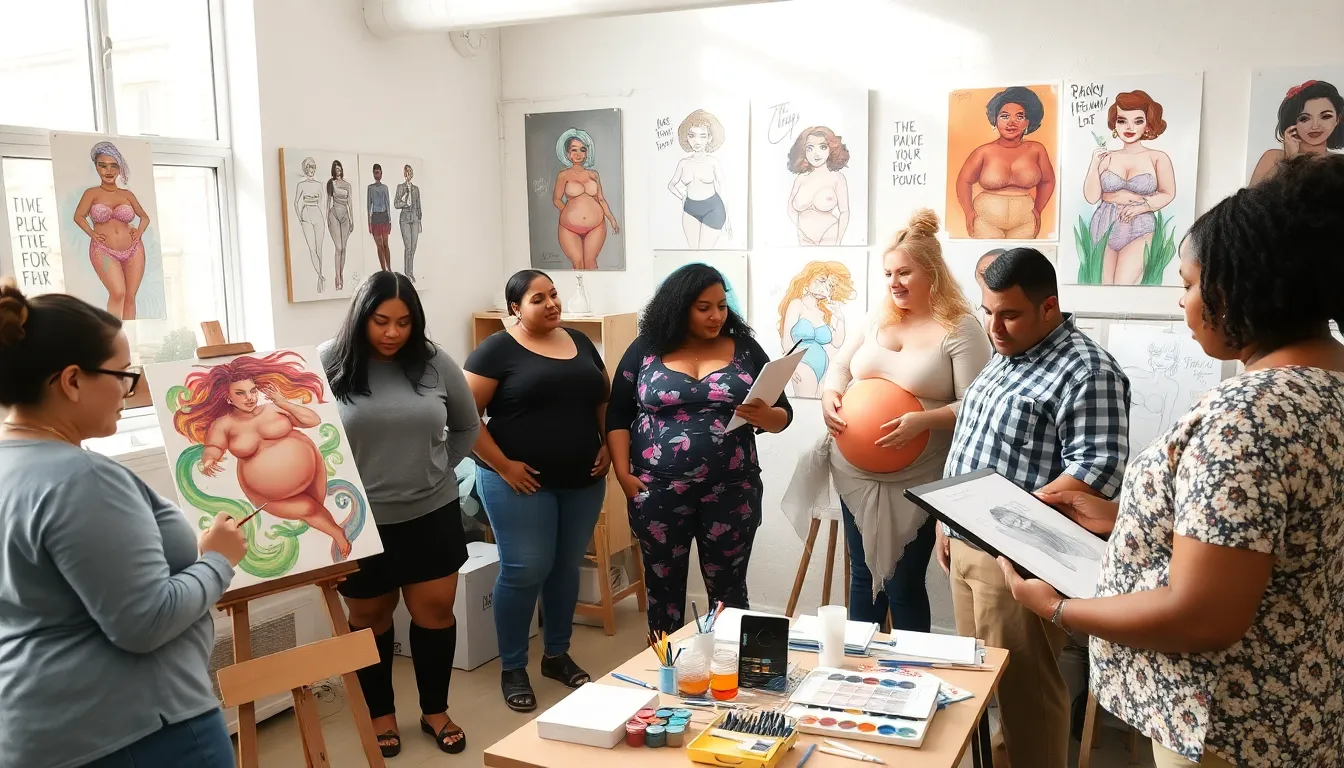diverse artists creating plus-size figure illustrations in a studio.