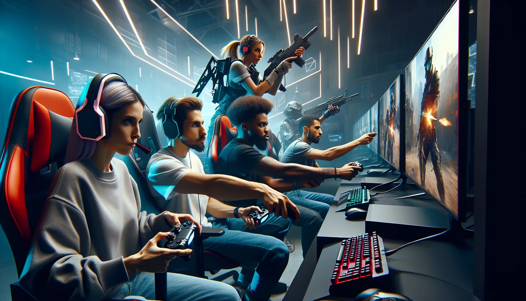 diverse gamers engaging with modern gaming technology in a lively setting.