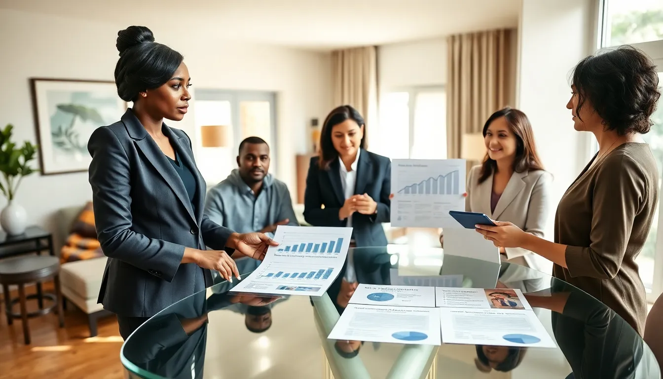 diverse professionals discussing homeownership benefits in a modern office.