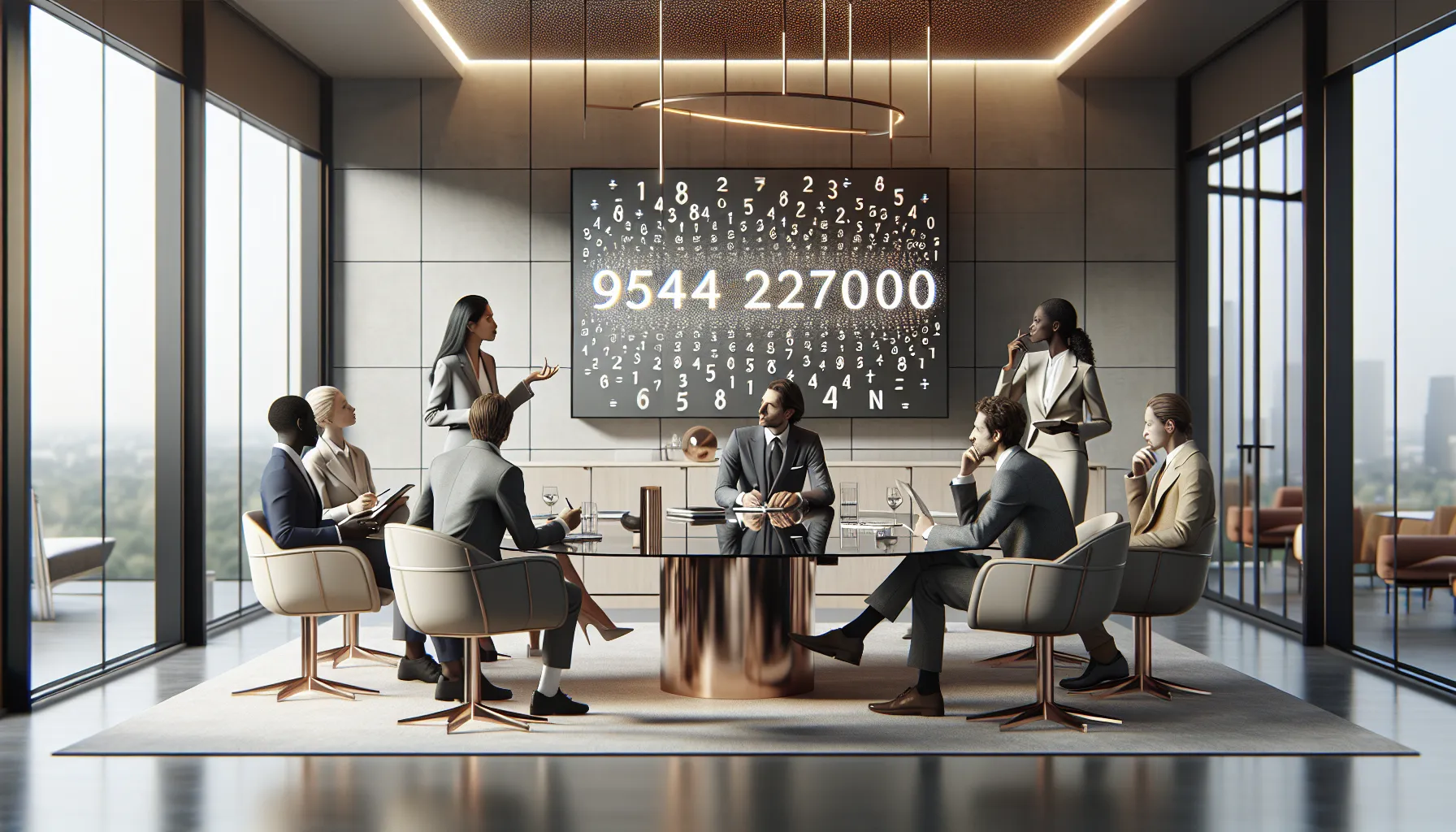 diverse team discussing unique number significance in a modern office.