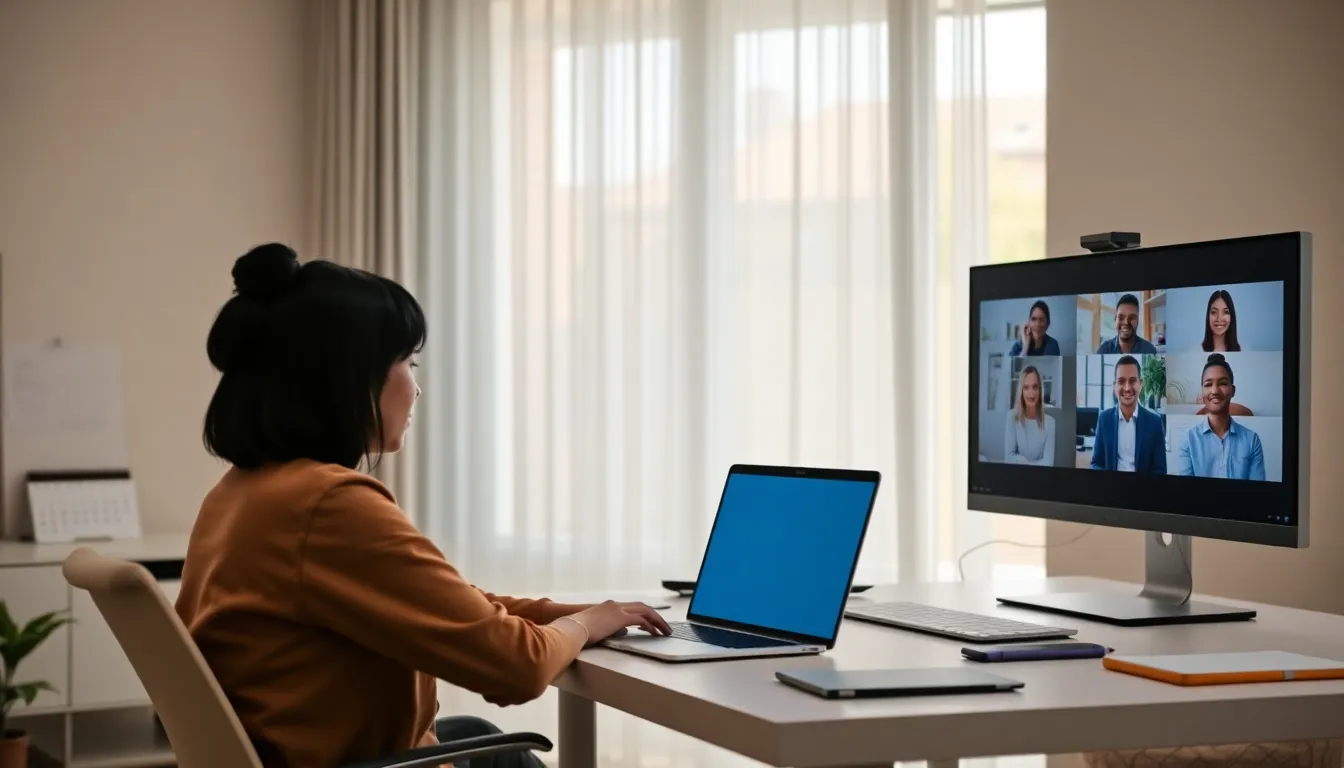 diverse professionals working from home in a modern office setting.