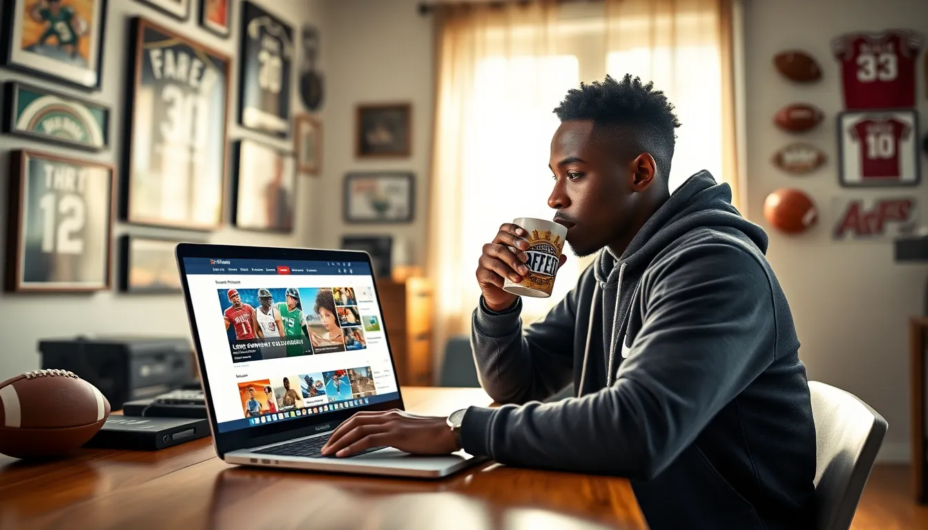 A young man engaging with a sports news website on a laptop.