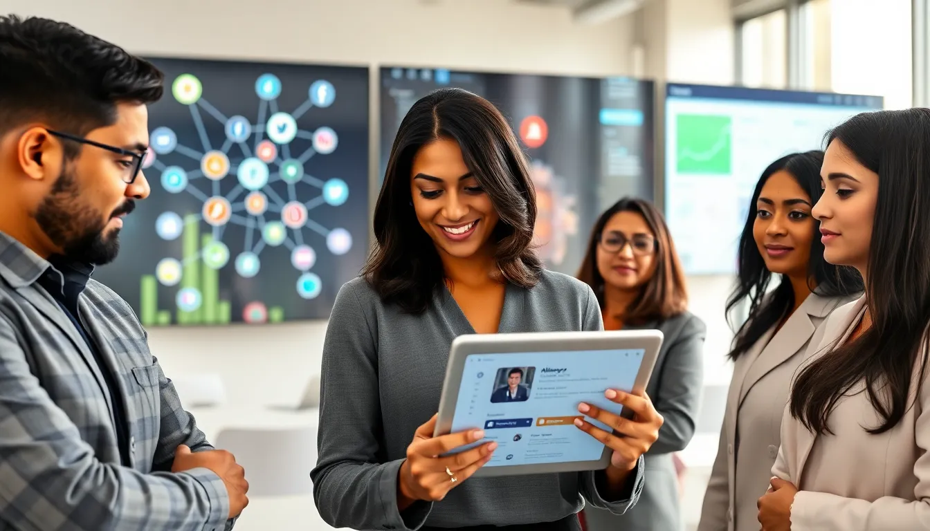 professionals collaborating around technology demonstrating the Aliensync platform.