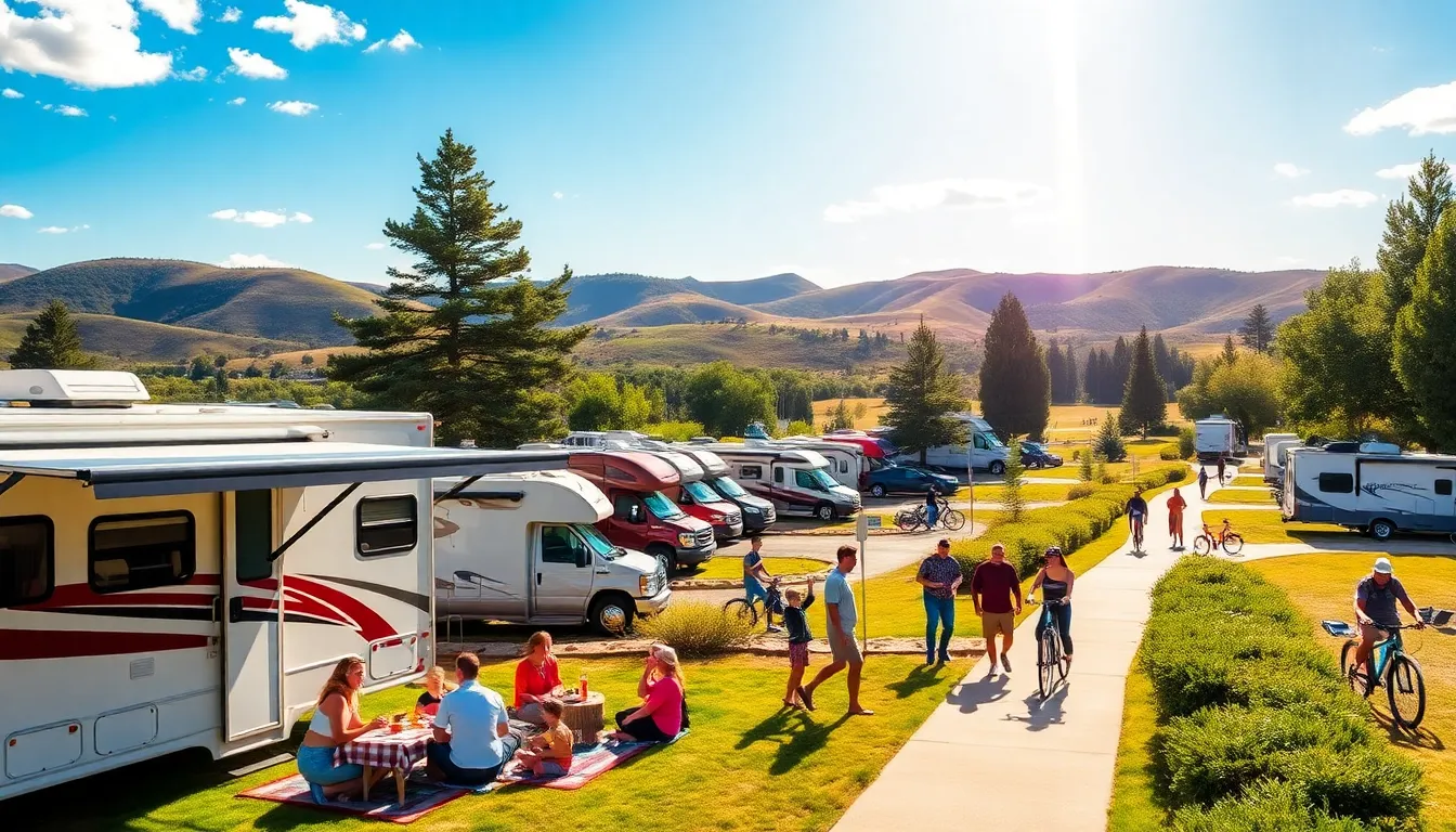 scenic view of Sun Outdoors RV Park with families enjoying outdoor activities.