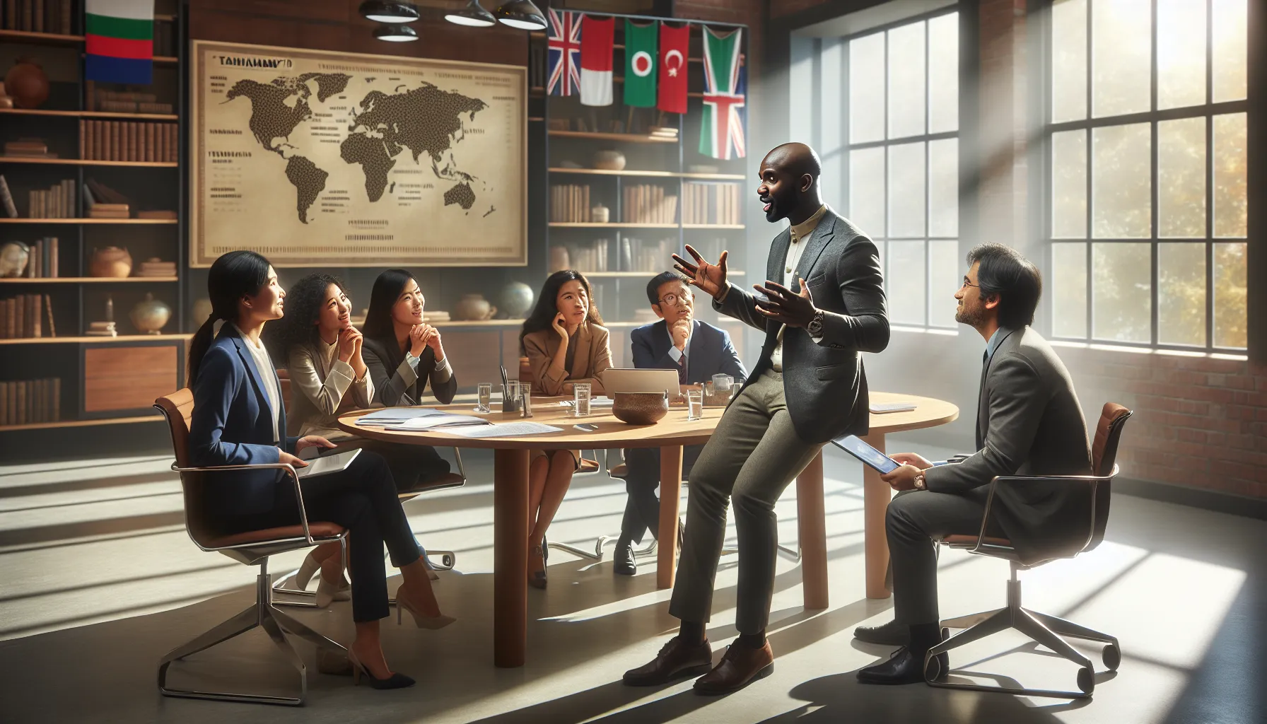 diverse group discussing cultural significance in a contemporary office.