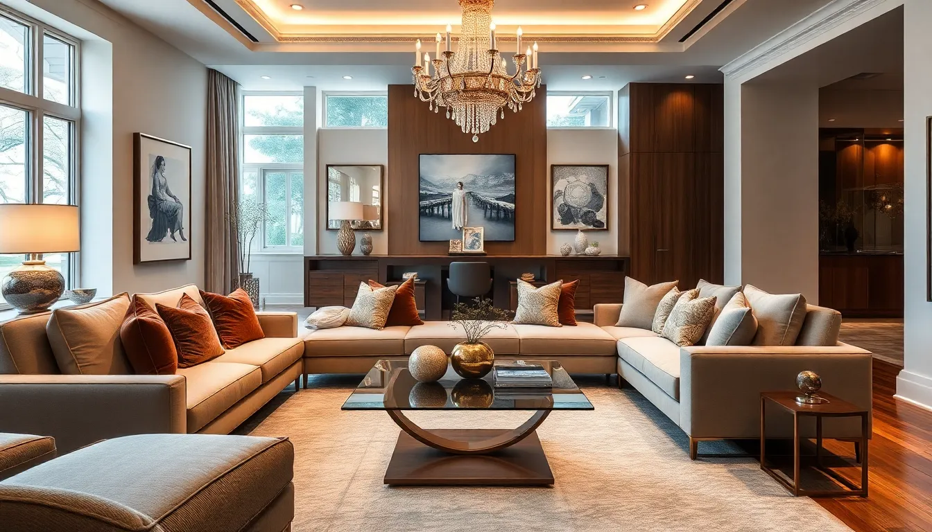 elegant luxury living room with stylish decor and natural light.