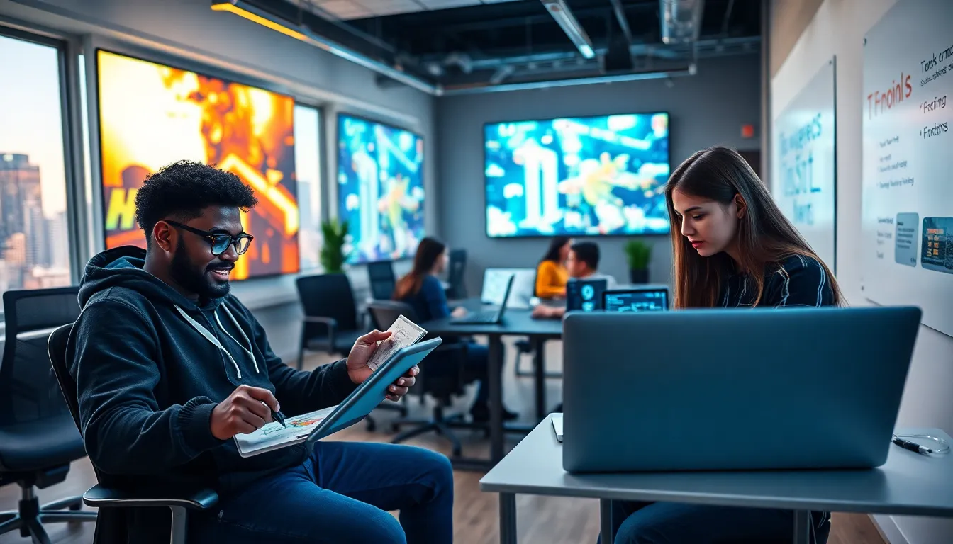 developers collaborating in a modern office focused on game design.