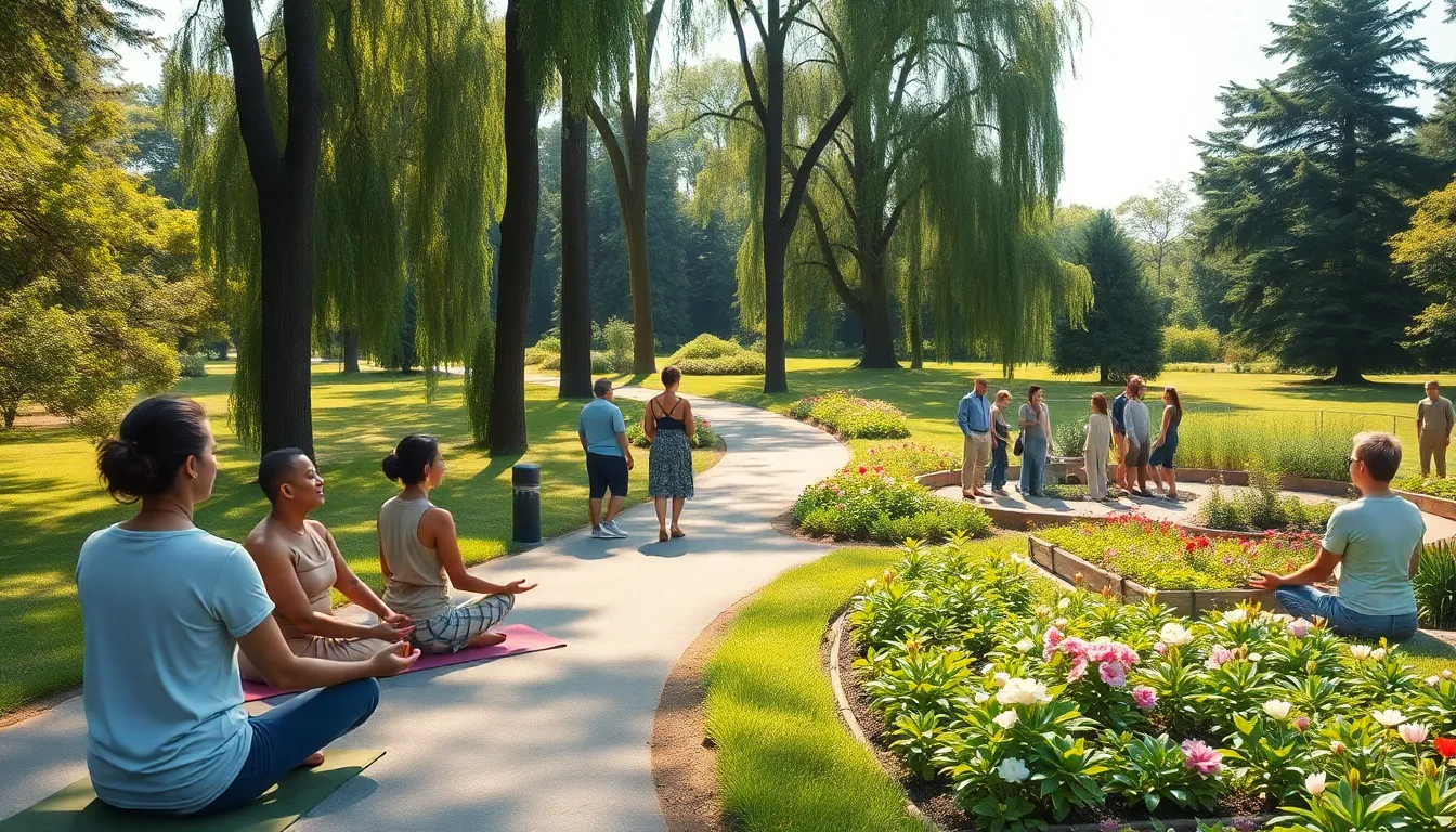 diverse group enjoying green healing practices in a peaceful park.