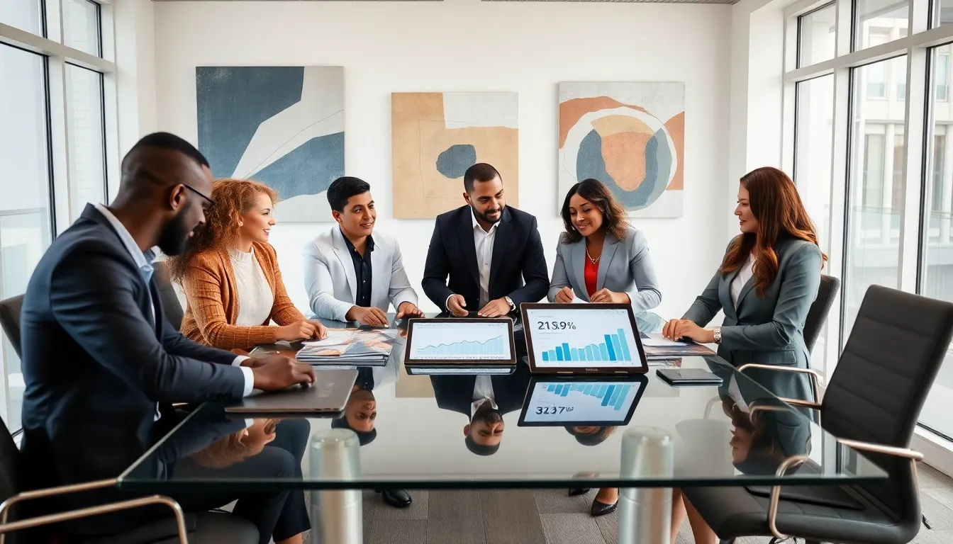 diverse real estate team collaborating in a modern office.