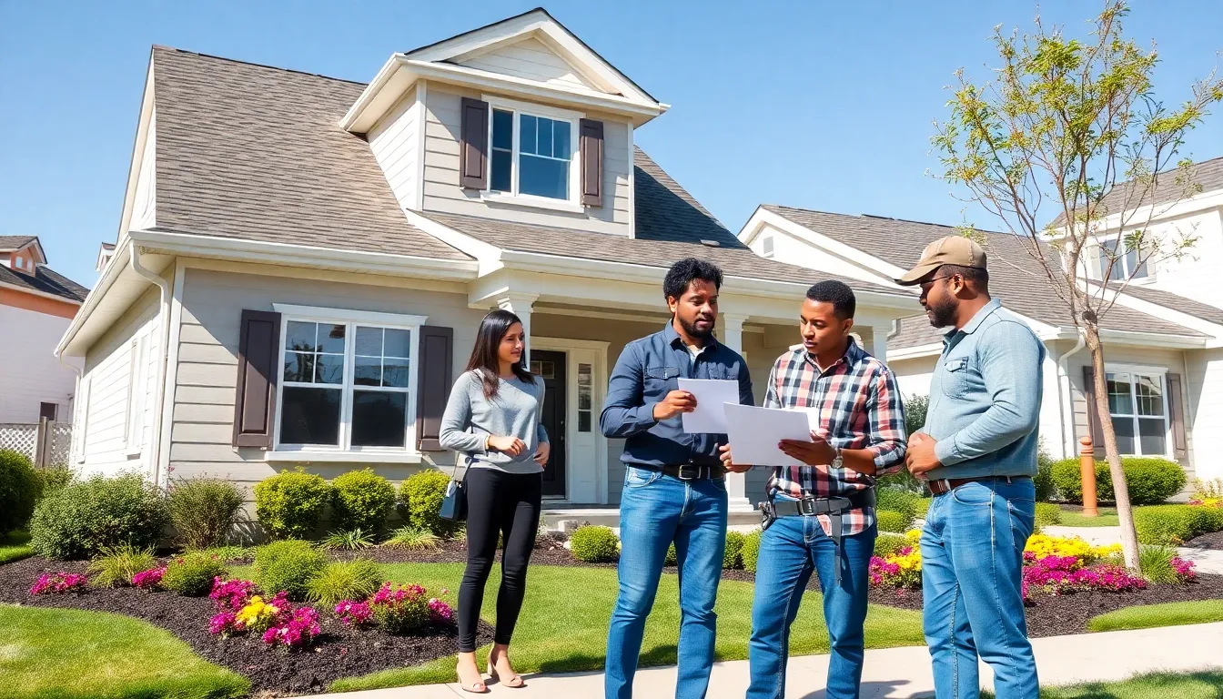 professionals inspecting a well-maintained home exterior in a suburban setting.