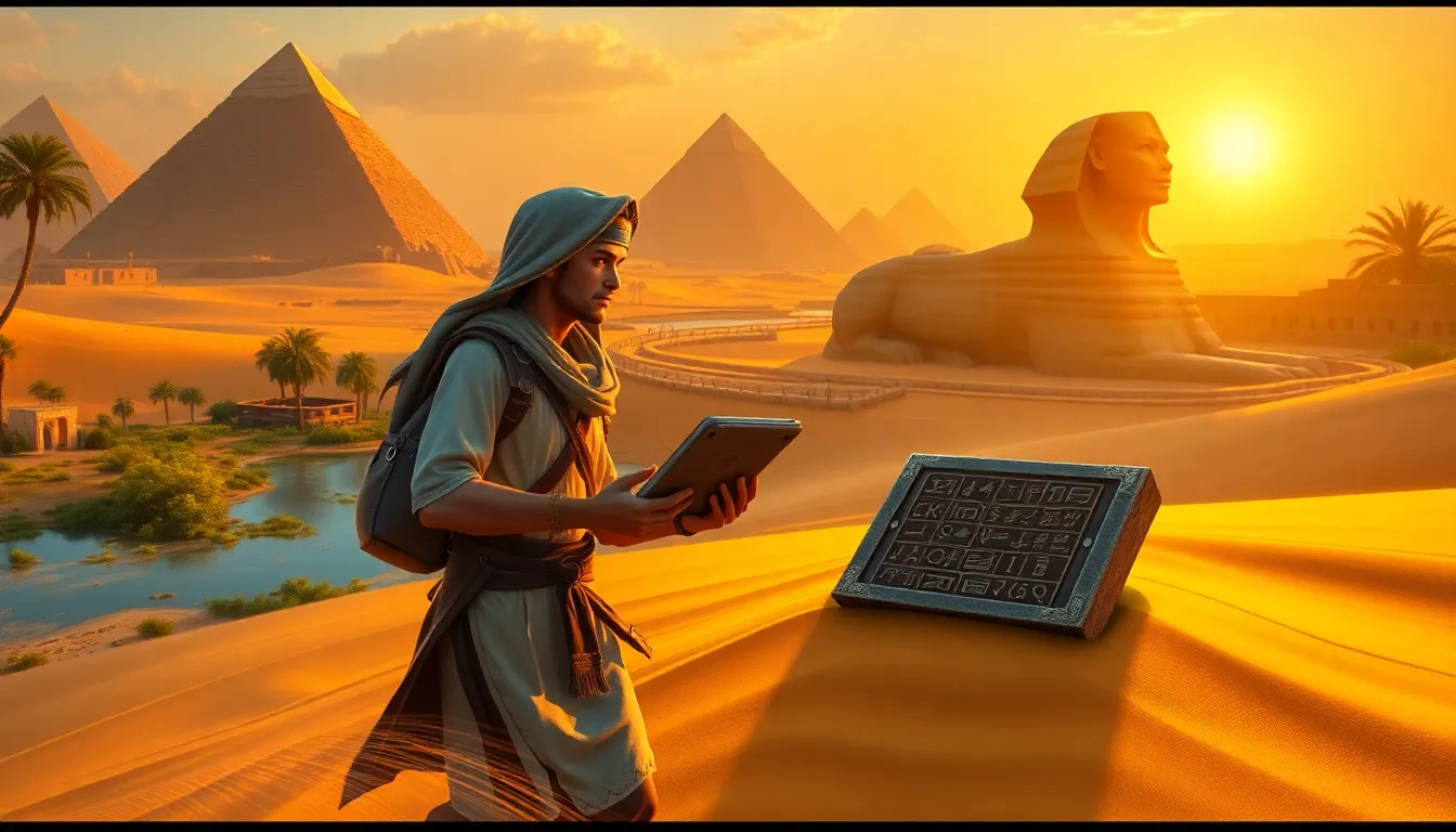 character exploring Ancient Egypt with pyramids and hieroglyphics.