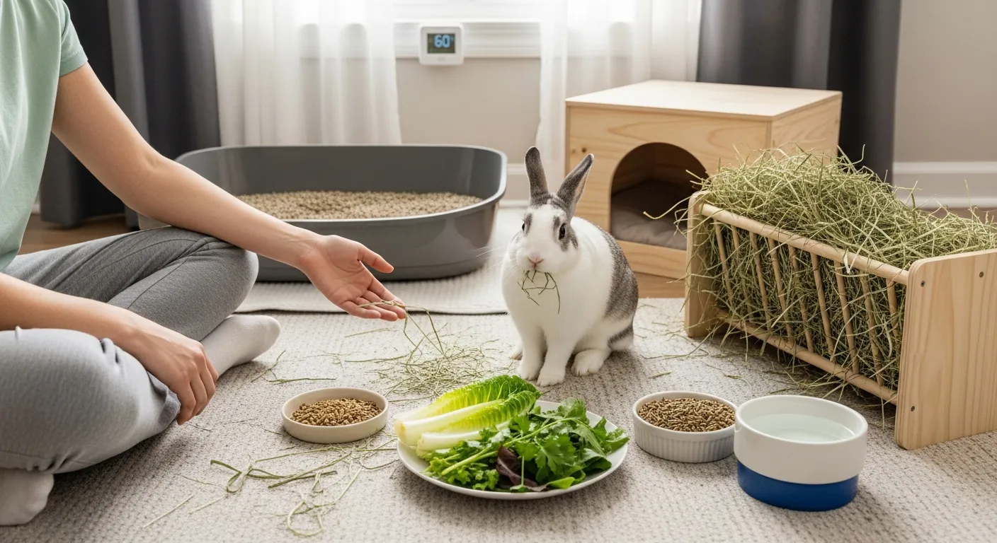 Rabbit Needs List: Essential Care For A Happy, Healthy Bunny Indoor rabbit surrounded by hay, food, water, litter box, and gentle owner.