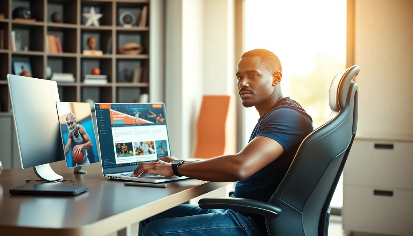 A young man focused on sports articles in a modern home office.