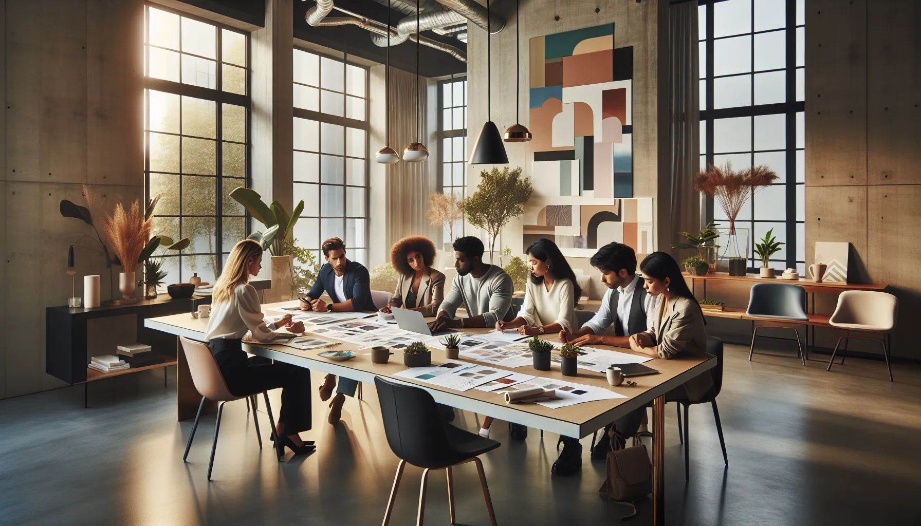 diverse team of interior designers collaborating in a modern office.