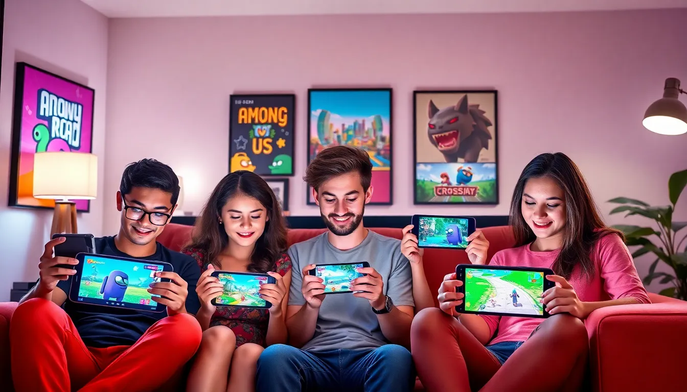 diverse group enjoying byte-sized games in a modern living room.