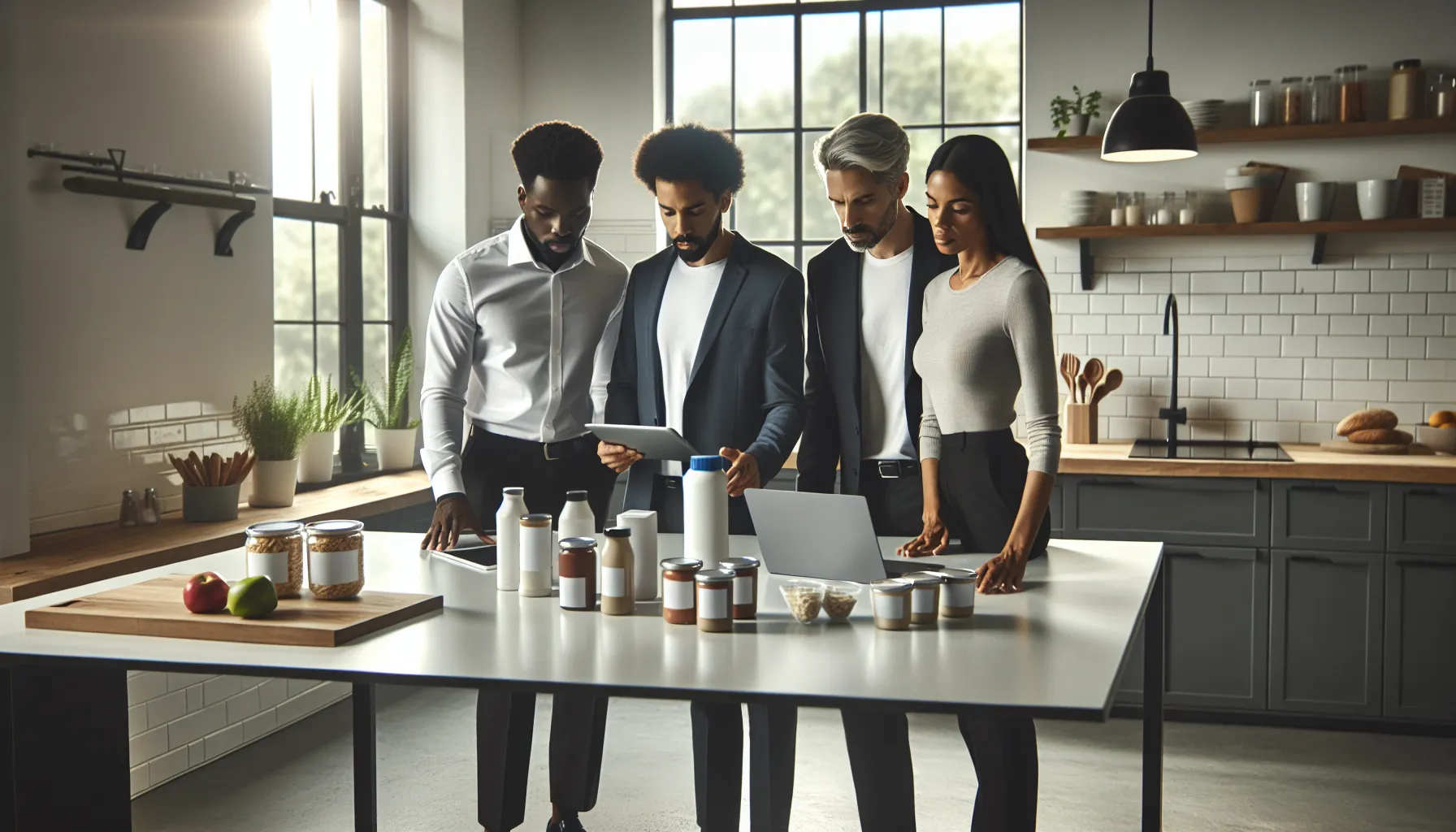 professionals discussing potential allergens in a modern kitchen.