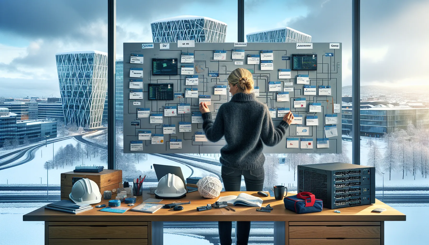 Norwegian professional arranging a multi-industry certification roadmap in a bright oslo office.