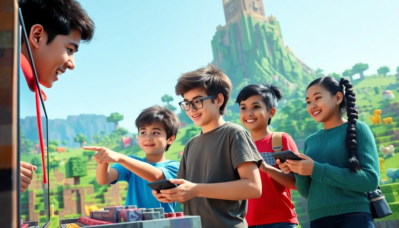a group of diverse players collaborating on a Minecraft build in a digital landscape.