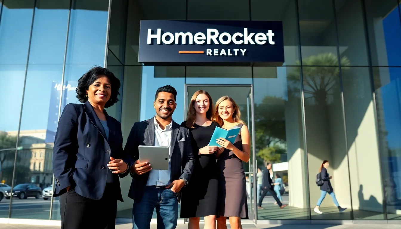 a diverse real estate team outside HomeRocket Realty in a city setting.