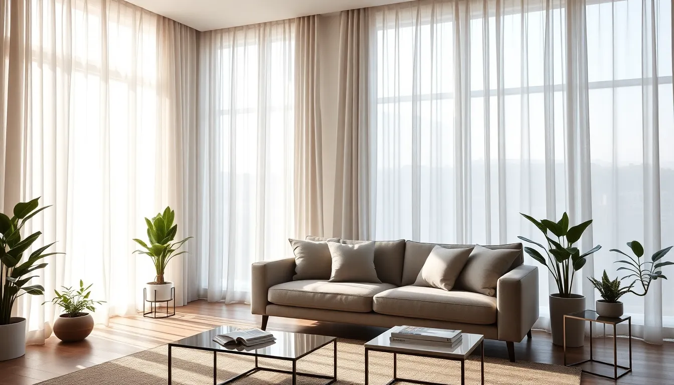 modern living room with sheer net curtains filtering light.