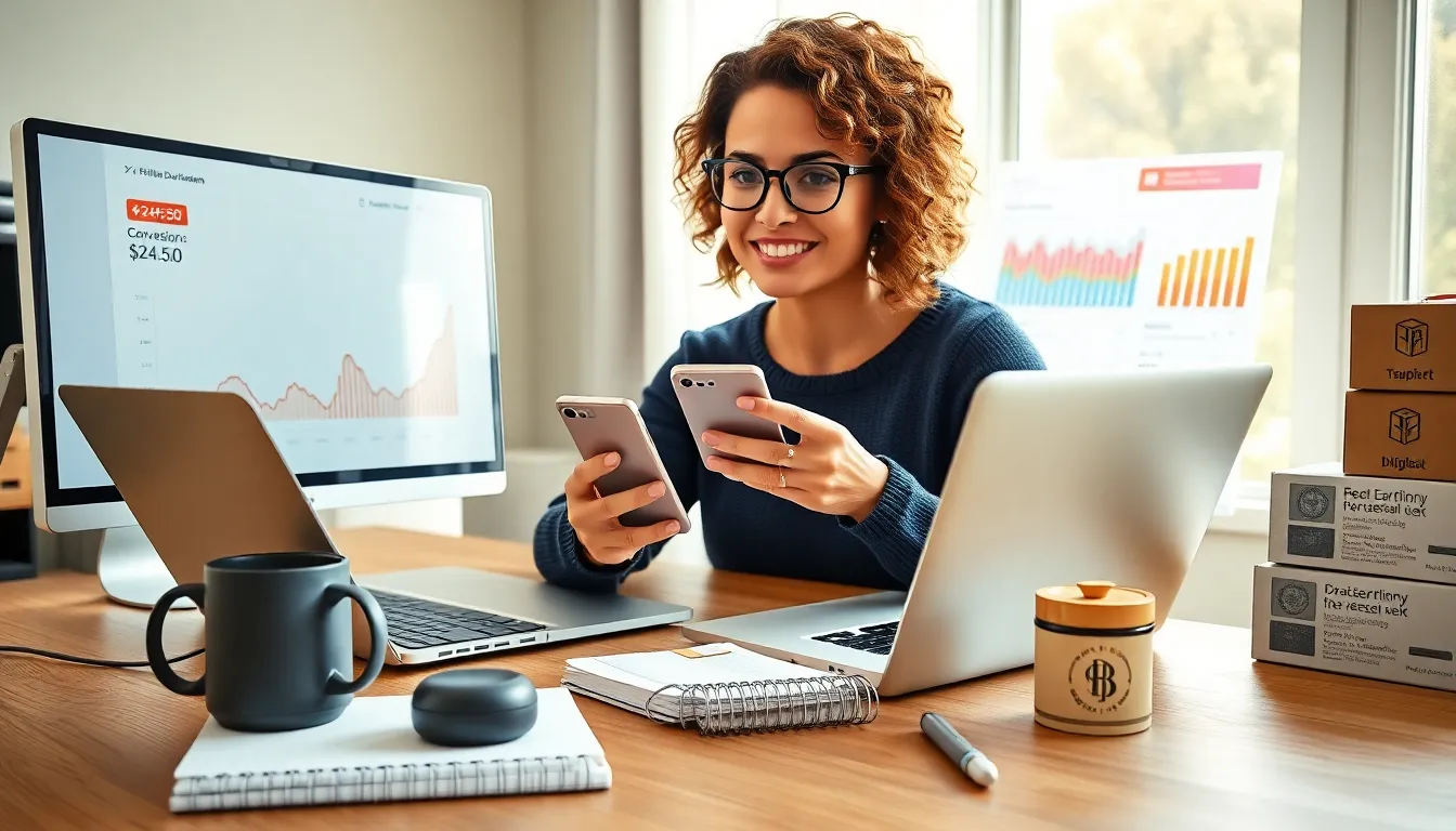 Affiliate marketer at home desk checking conversion dashboard and commission notification.