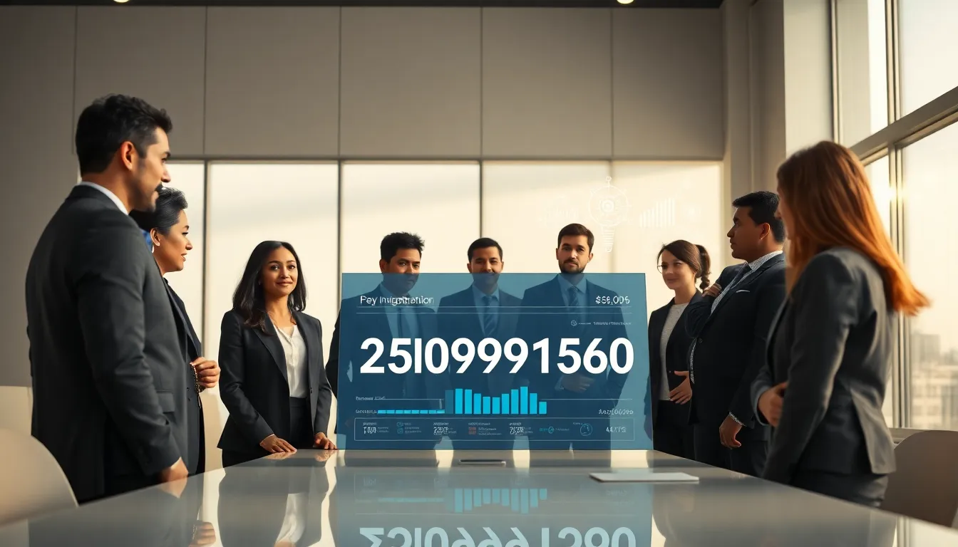 diverse professionals discussing a digital representation of the number 2509991360.