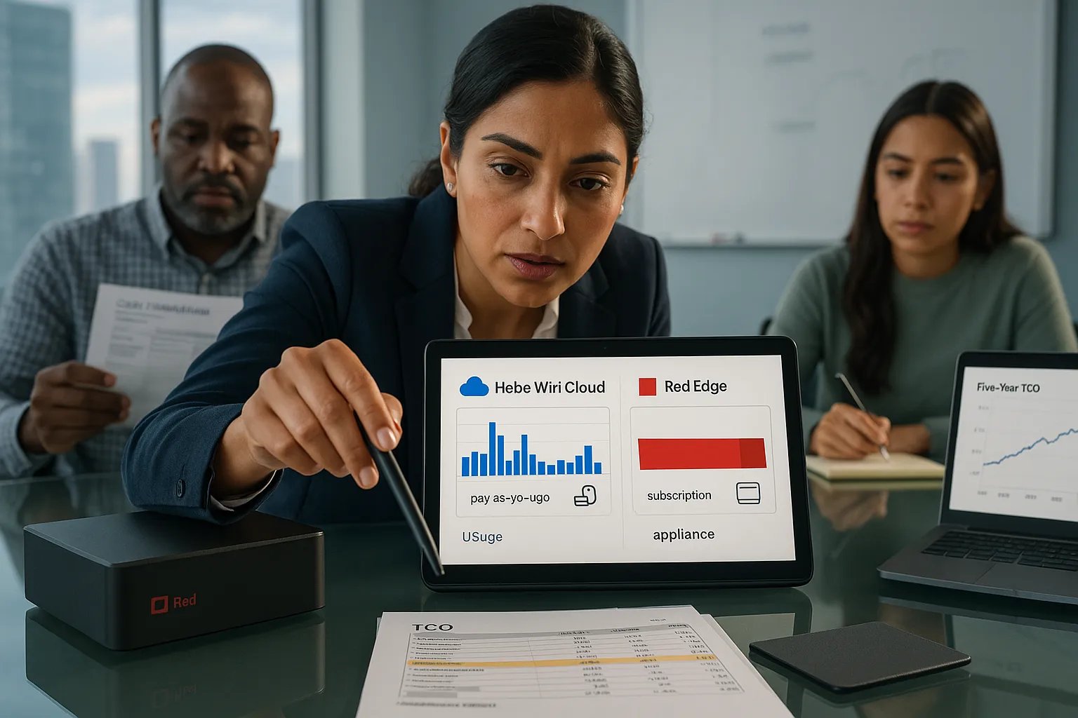 Team reviewing Hebe Wiri Cloud versus Red Edge cost dashboards on a tablet.