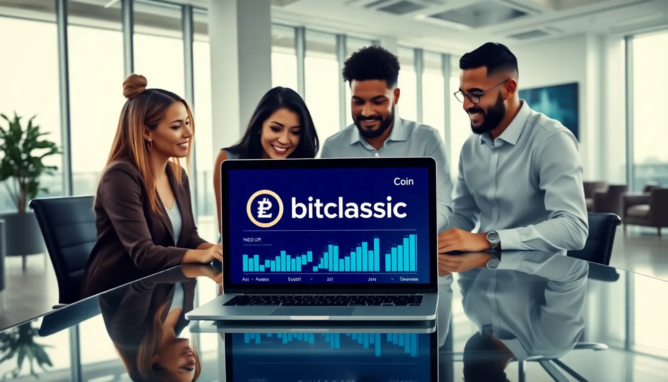 professionals discussing Bitclassic Coin in a modern office.