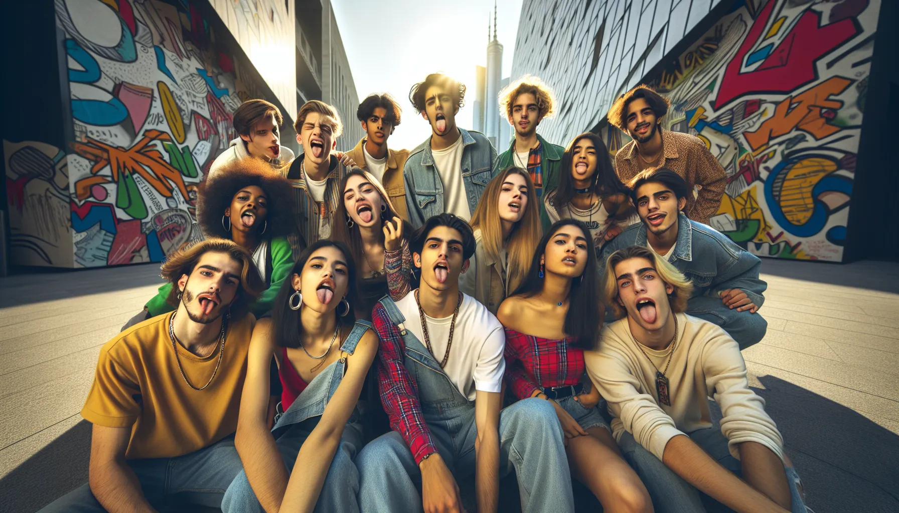 Young adults playfully expressing defiance in a vibrant urban setting.
