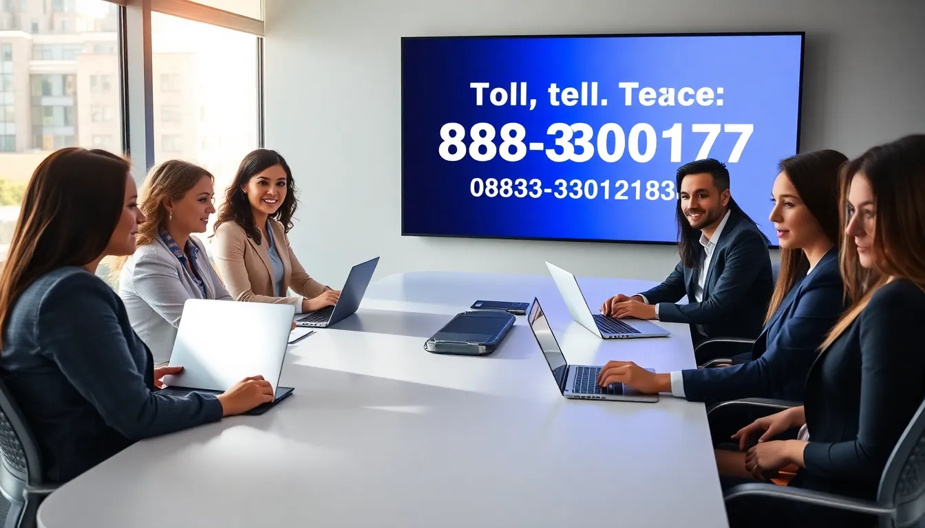 diverse professionals discussing a toll-free number in a modern office.