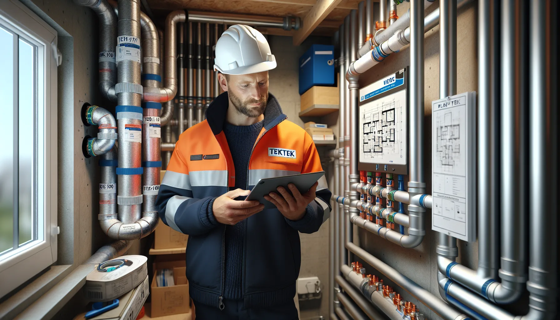 Hvordan påvirker norske forskrifter valg av rørsystemer? En side dedikert til rør, rørsystemer og rørteknologi 3 Engineer inspects ce-marked, sintef-approved norwegian manifold with insulation and leak detector.