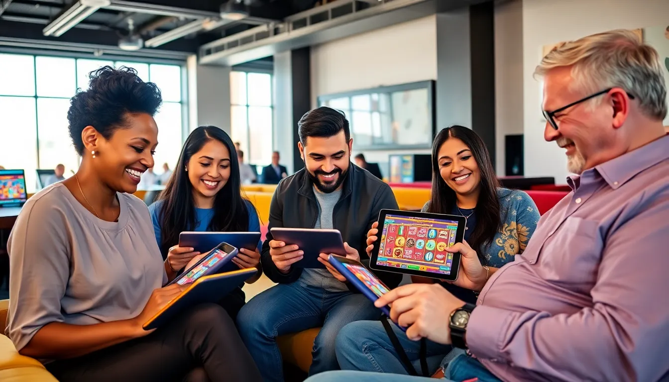 diverse group playing Dadunation slots in a modern gaming lounge.