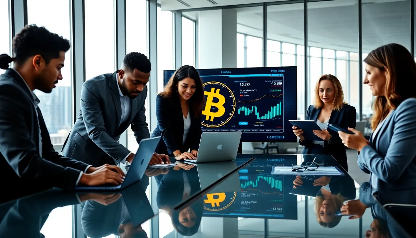 diverse team discussing Bitcoin in a modern office setting.