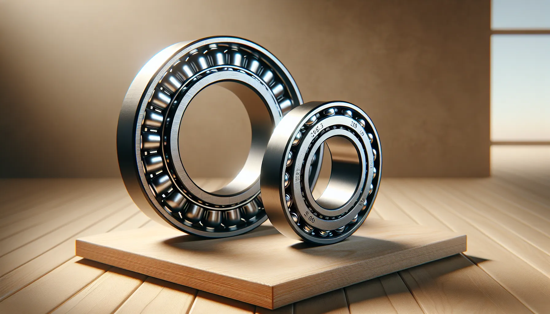 Two rolling bearings, ZZ and C3, displayed on a wooden surface.