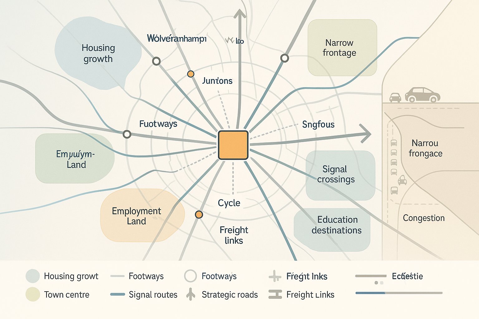Infographic map of Wolverhampton transport planning and development network impacts.