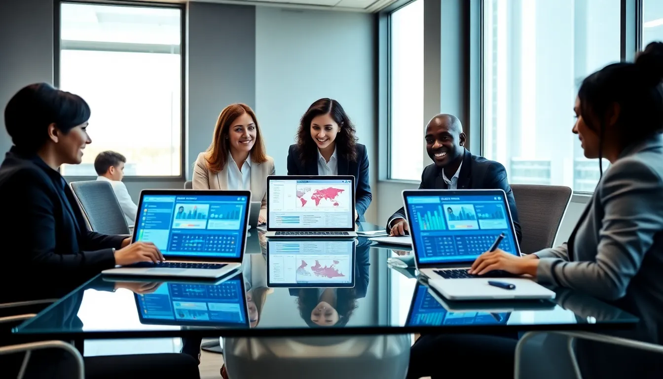 diverse consultants collaborating in a modern office with CRM tools.