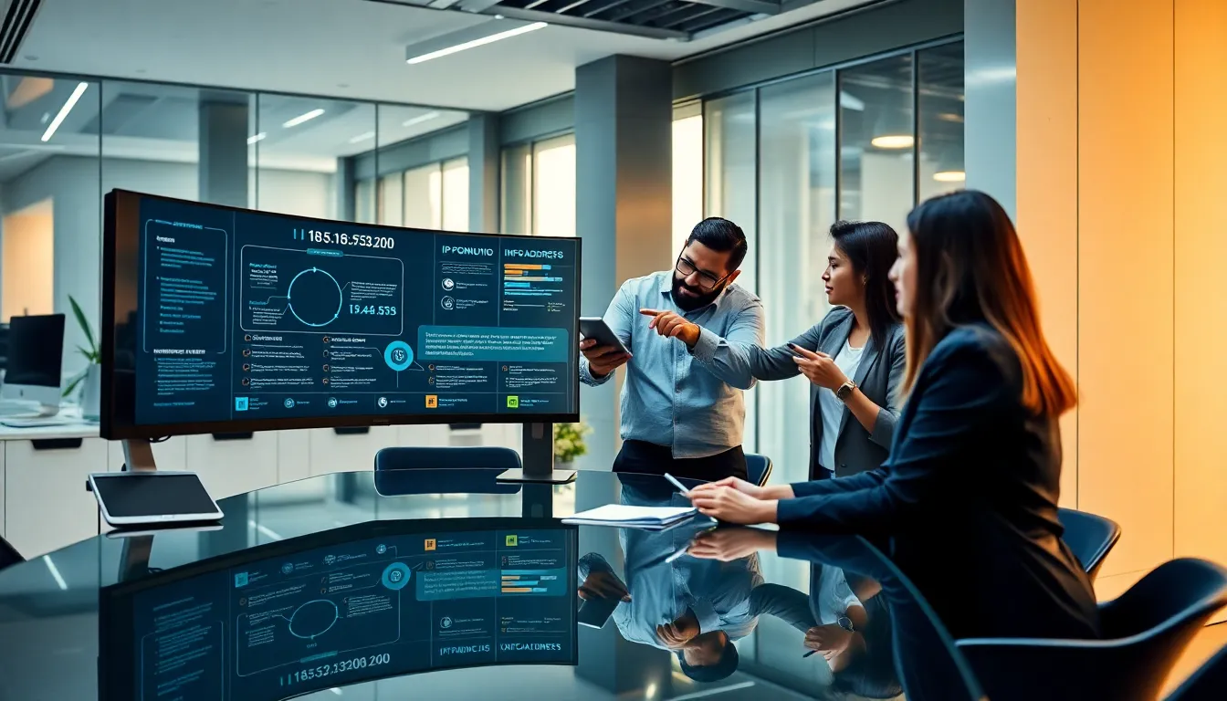 professionals discussing IP addresses in a modern office.