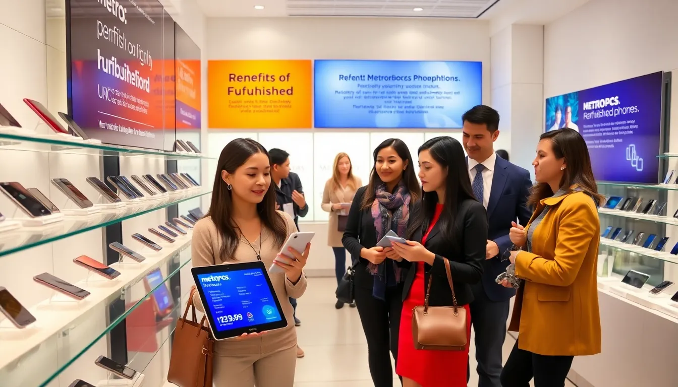 diverse shoppers examining refurbished Metro PCS phones in a modern store.