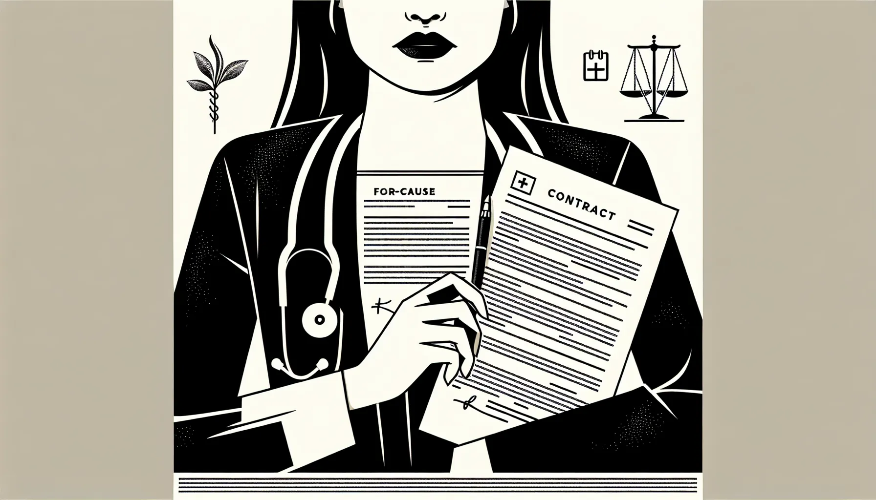 Physician examining a contract with magnifying glass and legal icons.